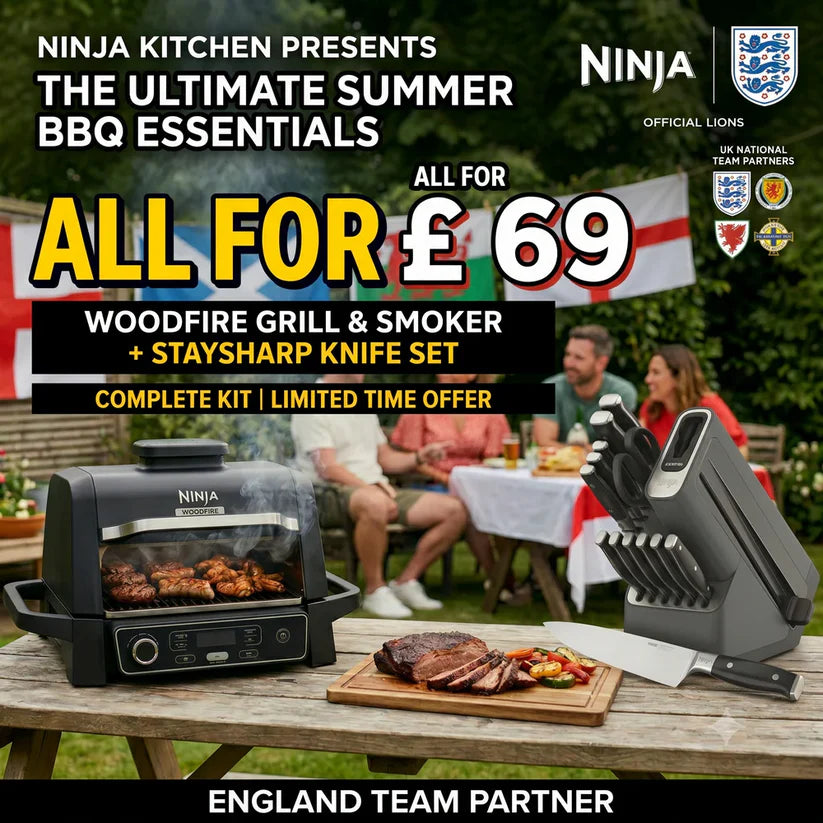 World Cup BBQ Kit: Woodfire Grill + Foodi StaySharp 14-Piece Knife Block